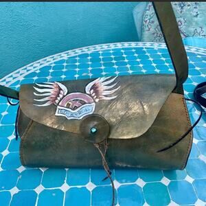 VINTAGE 90’s LARGE ROCK N ROLL HANDPAINTED LEATHER BAG w/ TURQUOISE GEMSTONE
